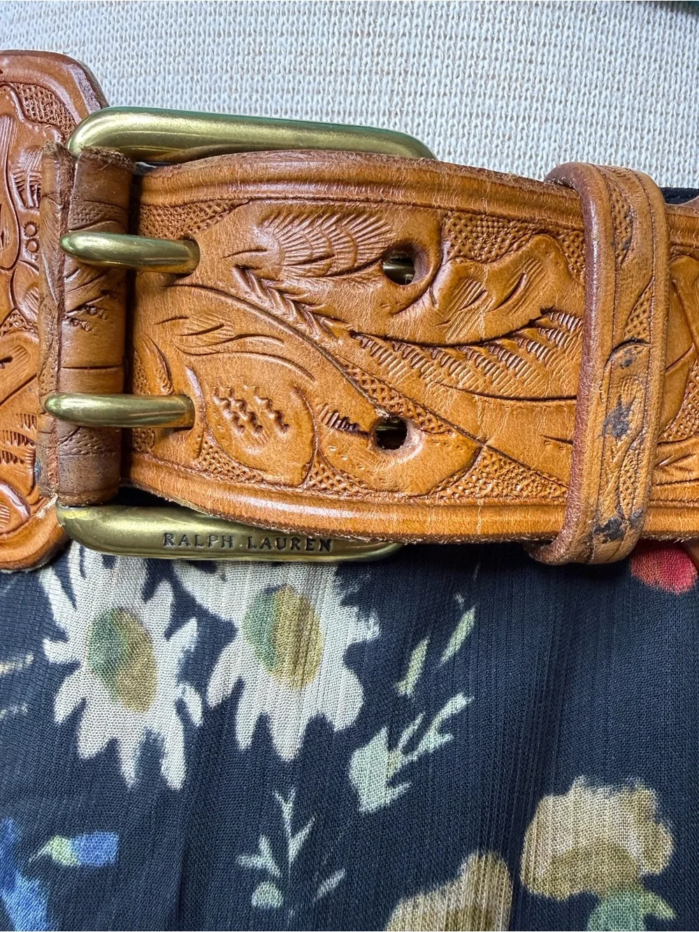 Ralph Lauren Americana Tooled Leather Wide Woven Leather Belt Sz Medium